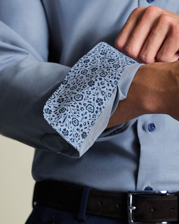 Non-Iron Stretch Printed Trim Shirt - Steel Blue