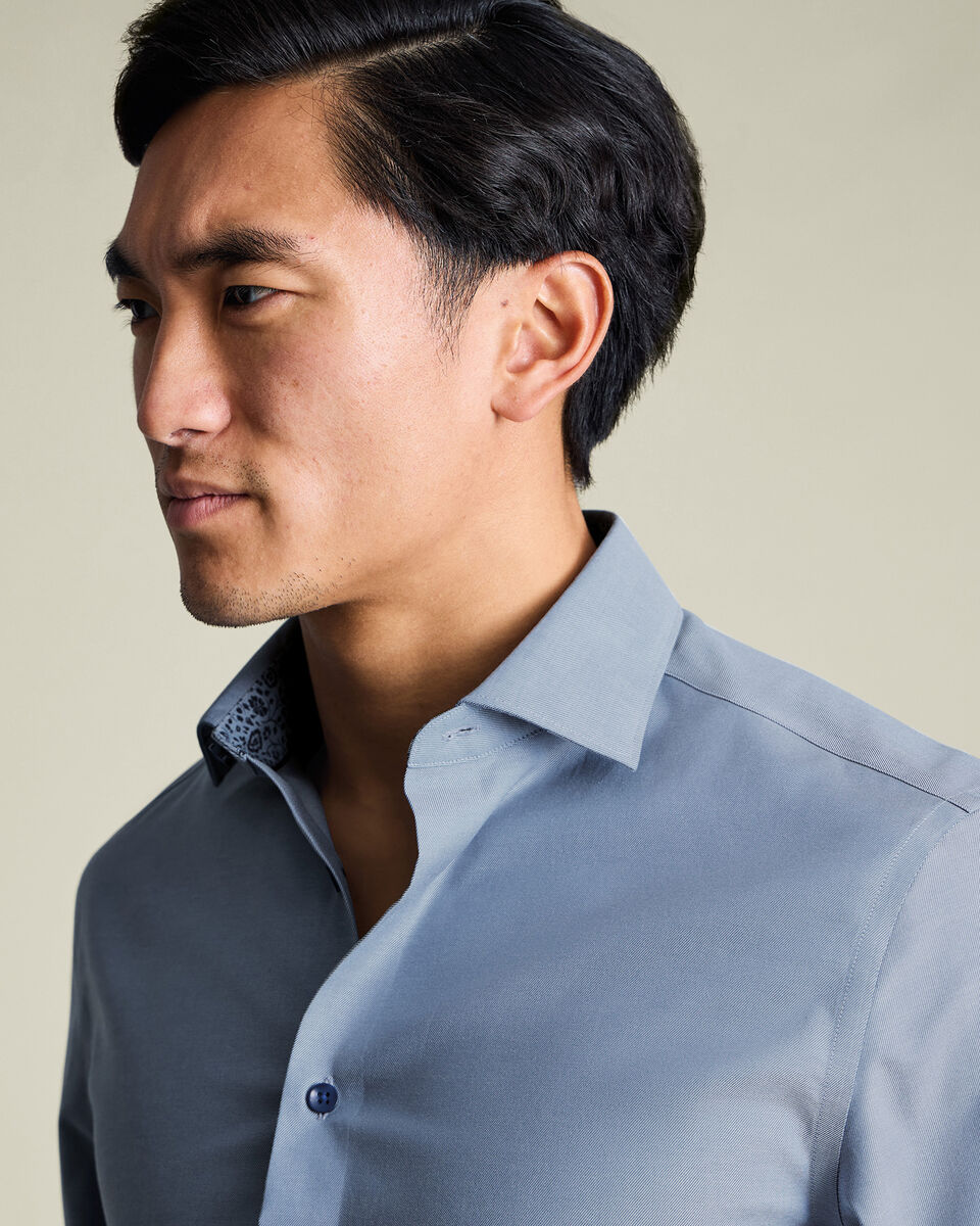 Non-Iron Stretch Printed Trim Shirt - Steel Blue