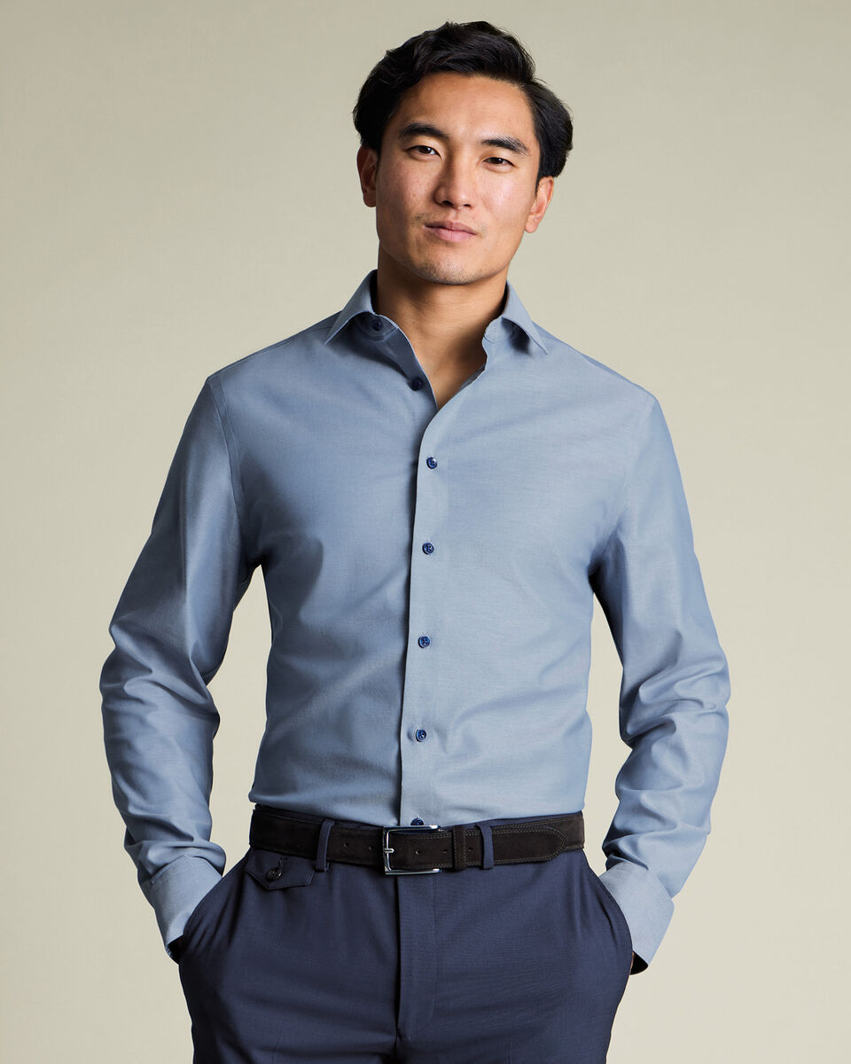 Non-Iron Stretch Printed Trim Shirt - Steel Blue