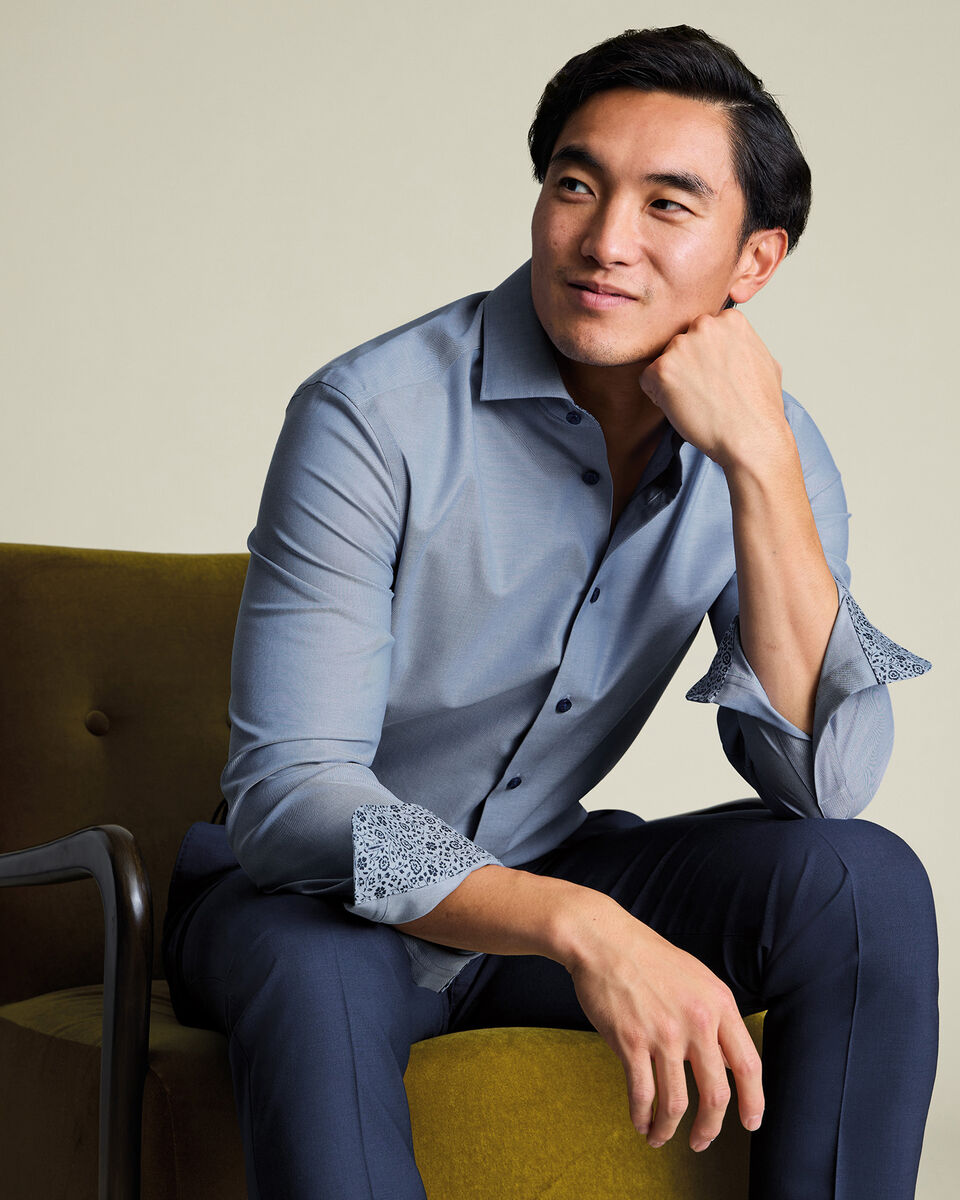 Non-Iron Stretch Floral Printed Trim Shirt – Steel Blue