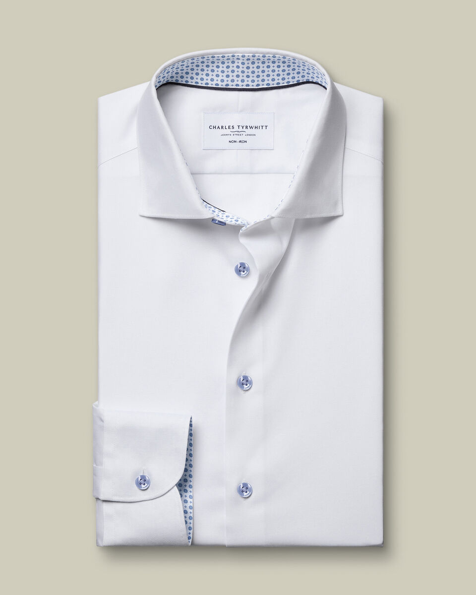 Non-Iron Stretch Printed Trim Shirt – White