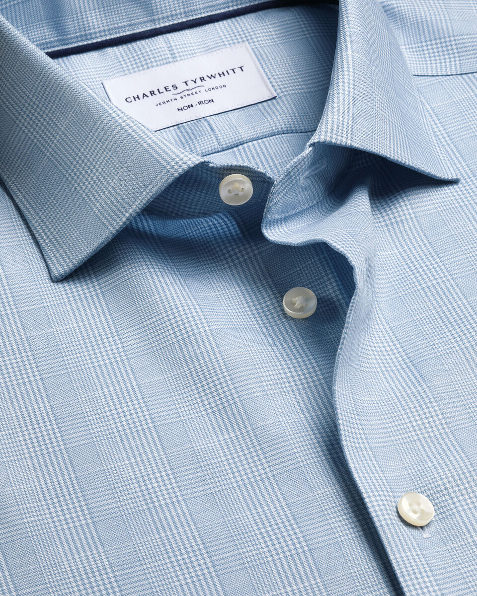 Non-Iron Cotton Linen Prince of Wales Shirt - Mid Blue Main image