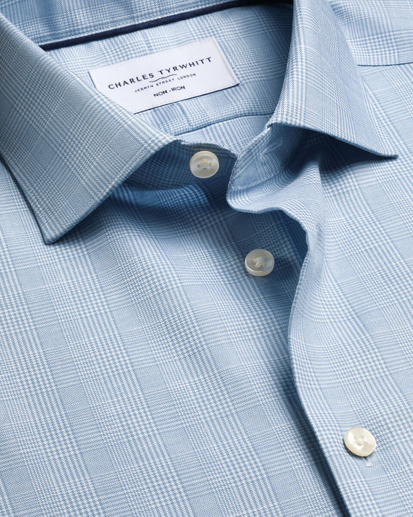 Non-Iron Cotton Linen Prince of Wales Shirt - Mid Blue
