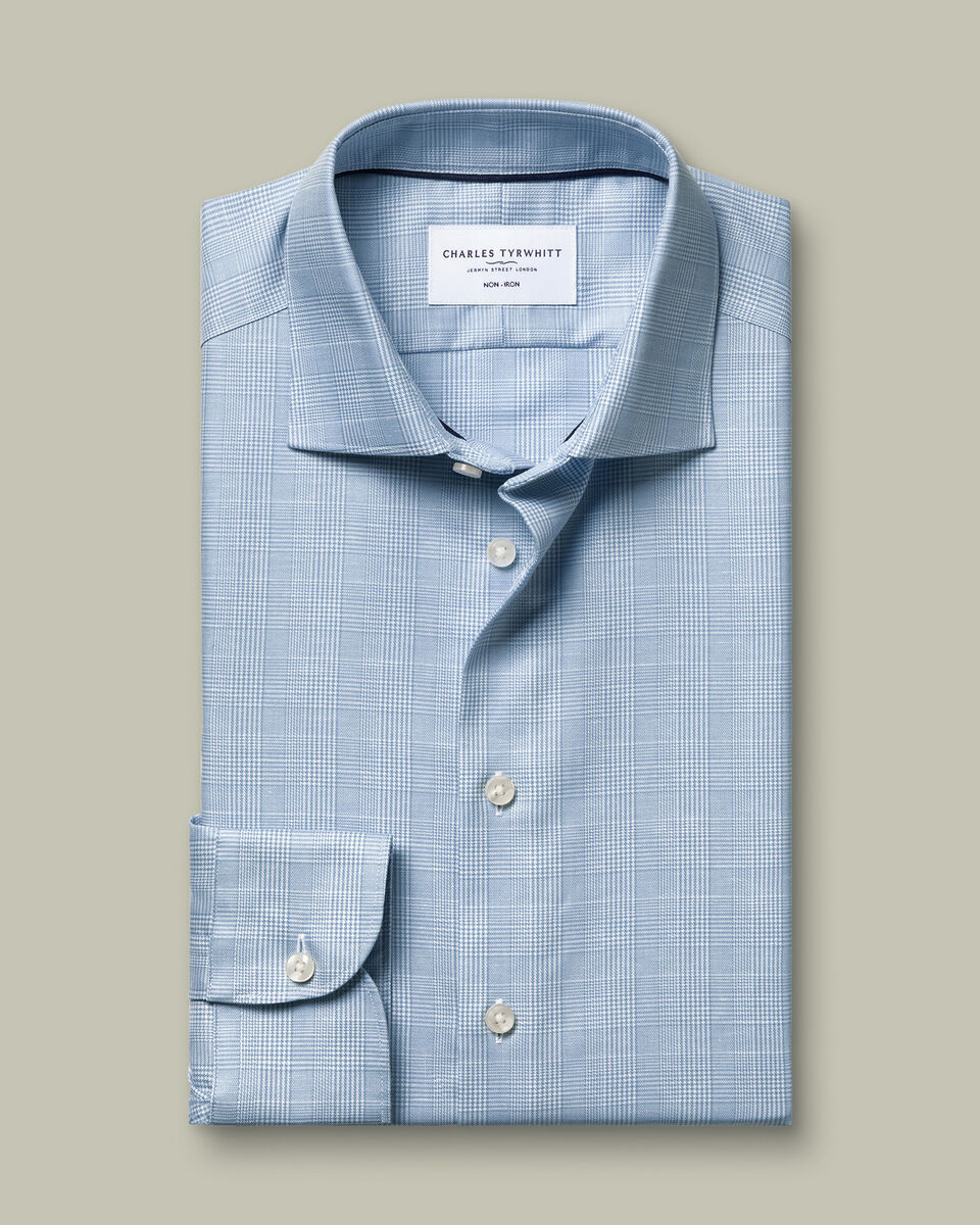 Non-Iron Cotton Linen Prince of Wales Shirt - Mid Blue