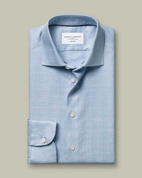 Non-Iron Cotton Linen Prince of Wales Shirt - Mid Blue
