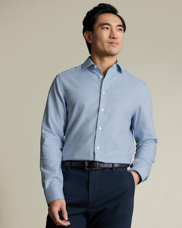 Non-Iron Cotton Linen Prince of Wales Shirt - Mid Blue