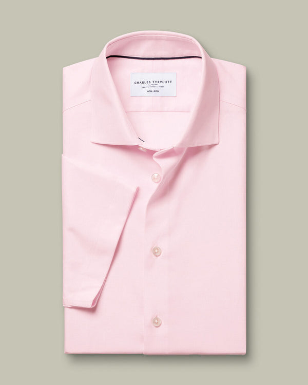 Short Sleeve Non-Iron Cotton Linen Shirt - Pink