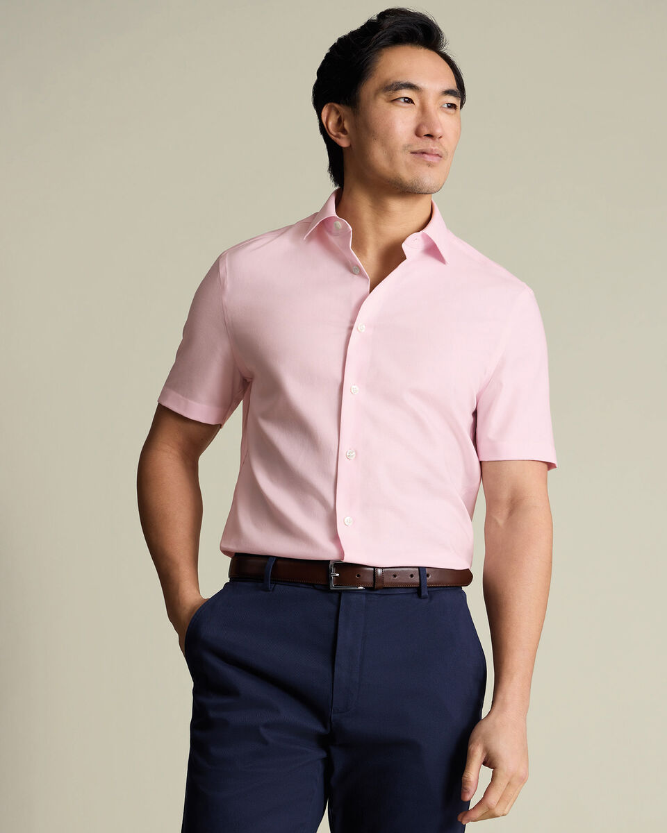 Short Sleeve Non-Iron Cotton Linen Shirt - Pink Secondary image