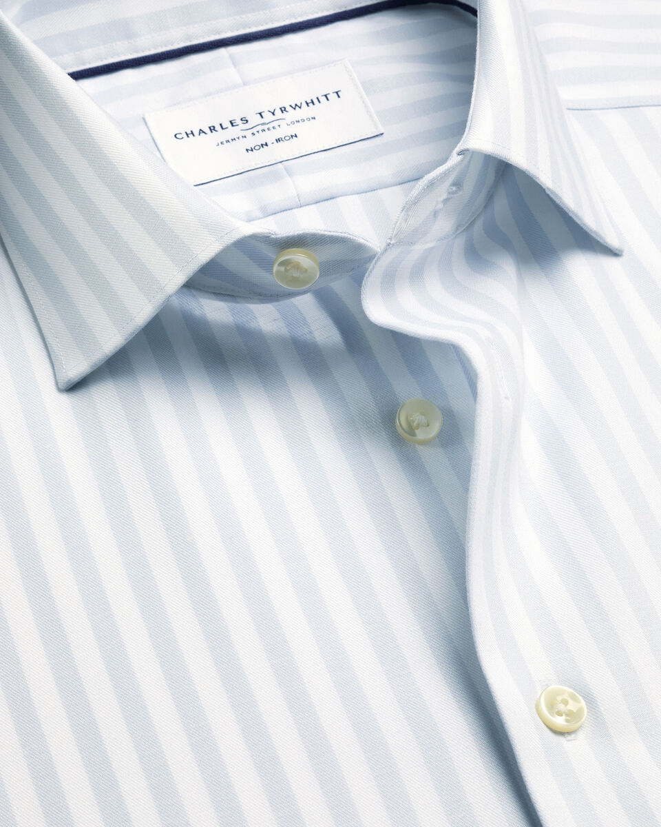 Short Sleeve Non-Iron Cotton Linen Stripe Shirt - Ice Blue