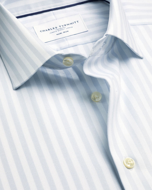 Short Sleeve Non-Iron Cotton Linen Stripe Shirt - Ice Blue