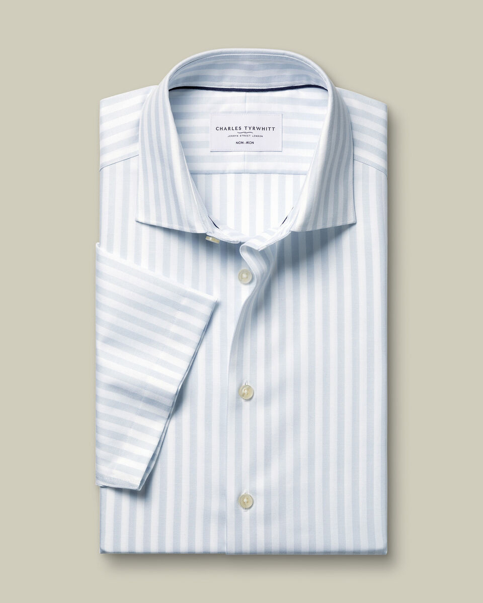 Short Sleeve Non-Iron Cotton Linen Stripe Shirt - Ice Blue