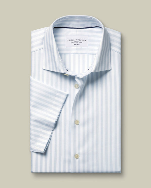 Short Sleeve Non-Iron Cotton Linen Stripe Shirt - Ice Blue