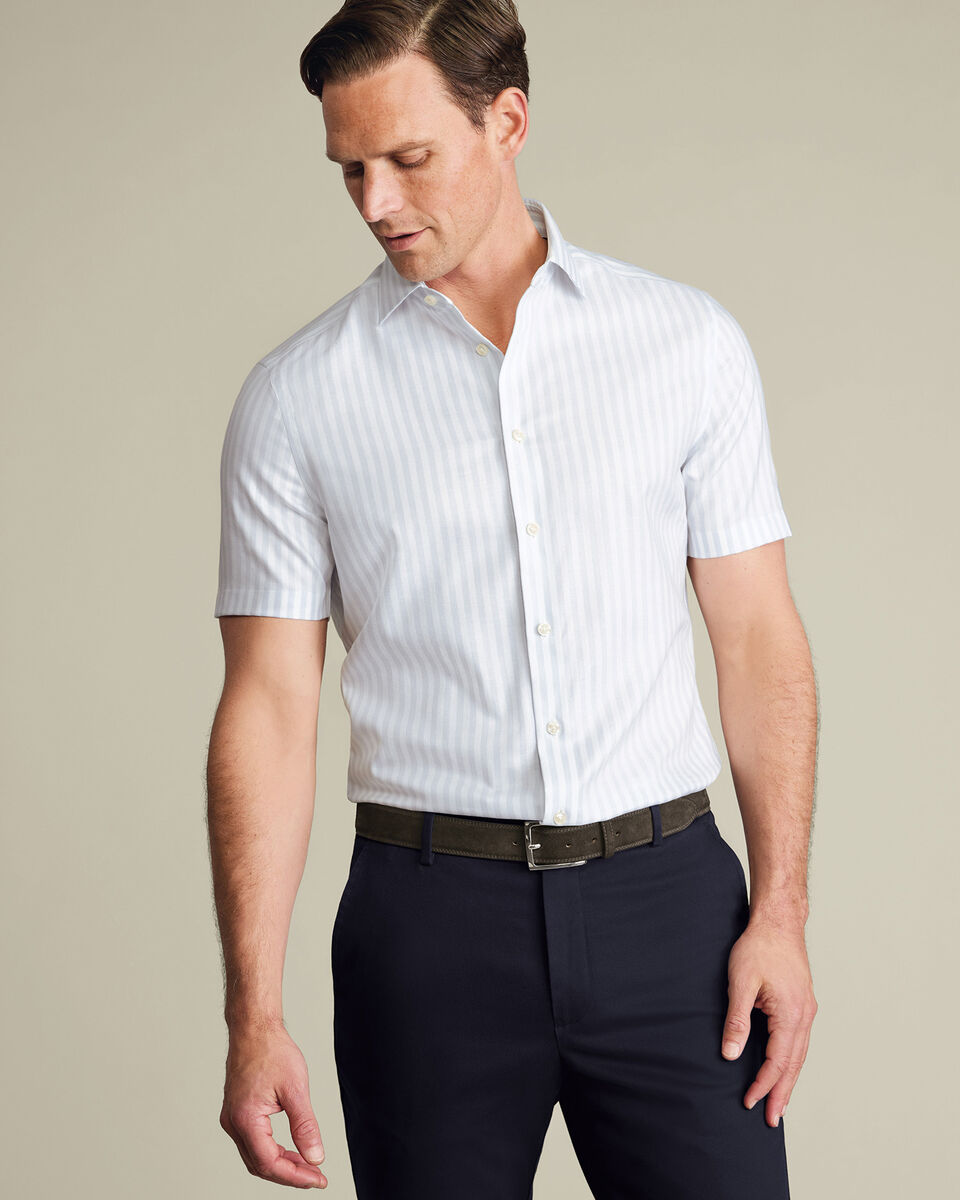 Short Sleeve Non-Iron Cotton Linen Stripe Shirt - Ice Blue Secondary image