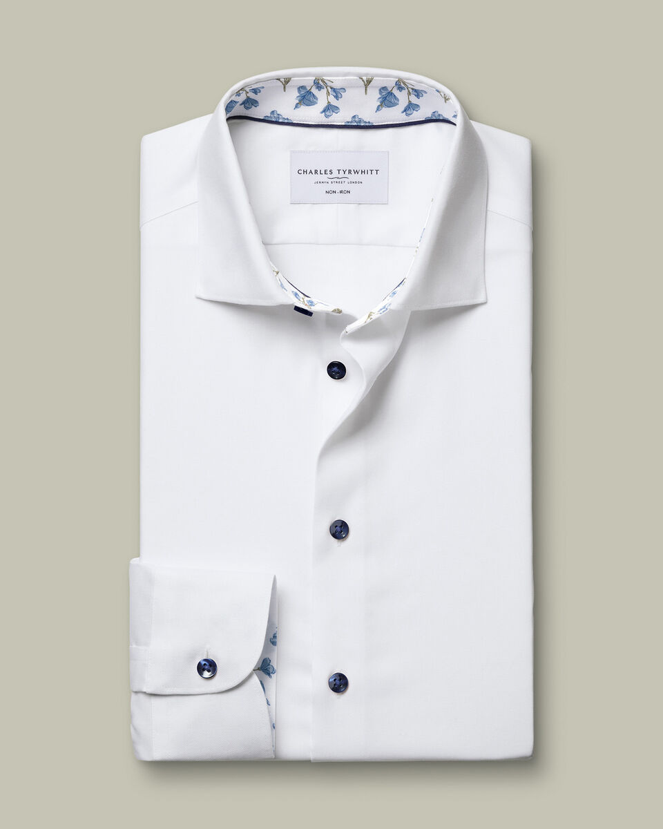 Non-Iron Stretch Floral Printed Trim Shirt – White