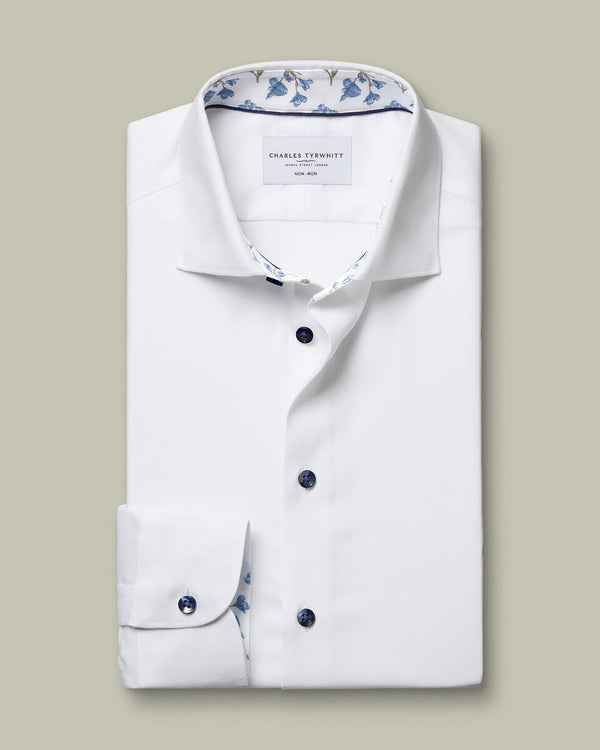 Non-Iron Stretch Floral Printed Trim Shirt – White