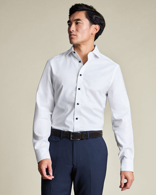 Non-Iron Stretch Floral Printed Trim Shirt – White