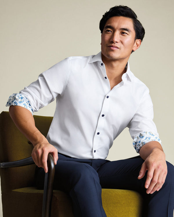 Non-Iron Stretch Floral Printed Trim Shirt – White