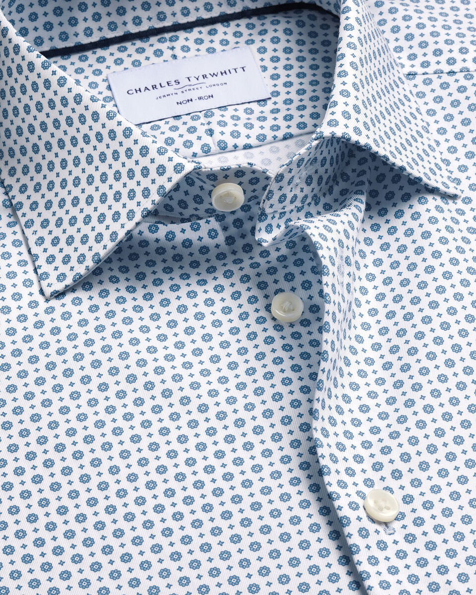 Non-Iron Stretch Print Shirt - White & Blue Main image