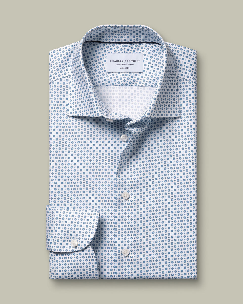 Non-Iron Stretch Print Shirt - White & Blue