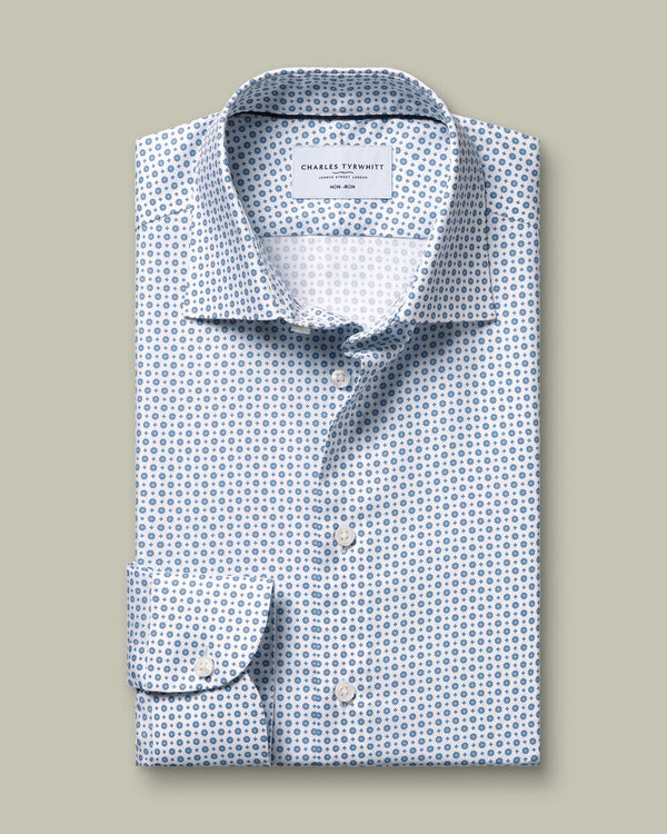 Non-Iron Stretch Print Shirt - White & Blue