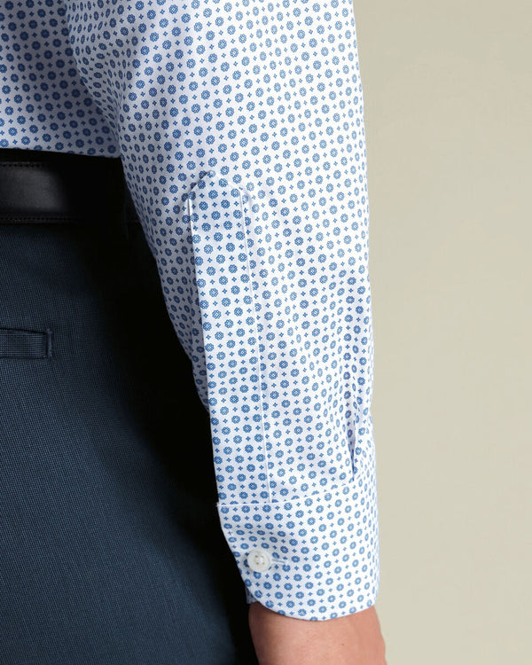 Non-Iron Stretch Print Shirt - White & Blue