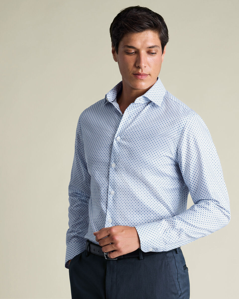 Non-Iron Stretch Print Shirt - White & Blue