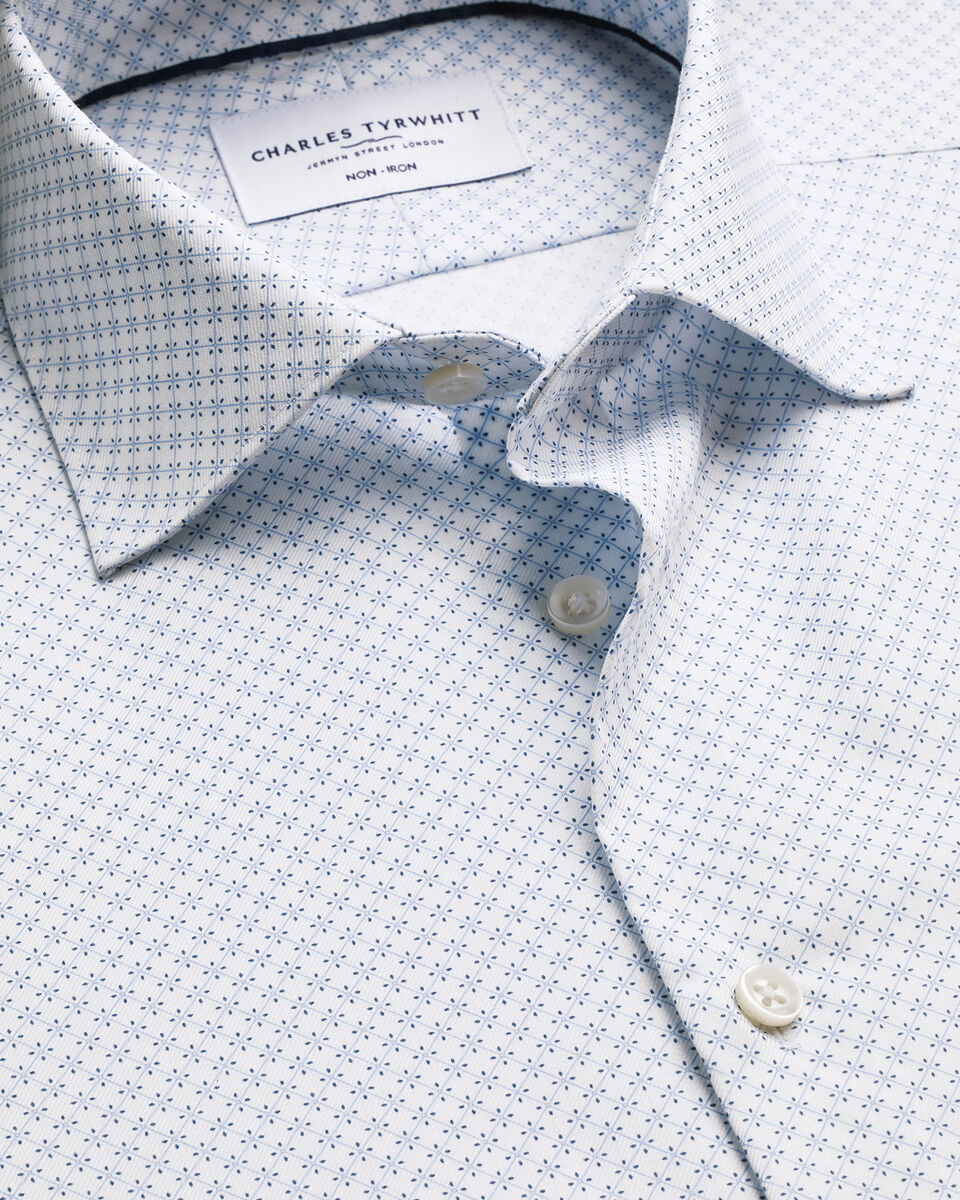 Non-Iron Stretch Print Shirt - White & Light Blue