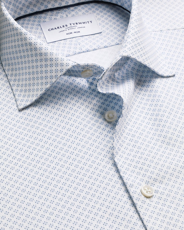 Non-Iron Stretch Print Shirt - White & Light Blue
