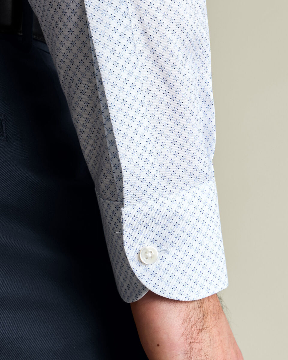 Non-Iron Stretch Print Shirt - White & Light Blue