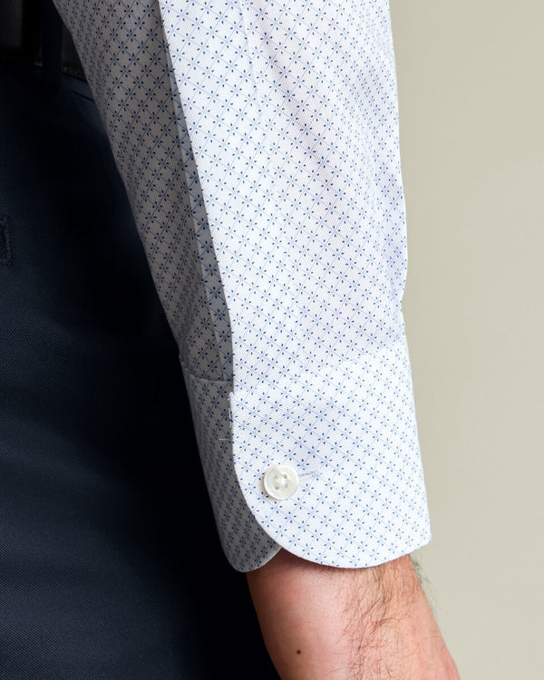 Non-Iron Stretch Print Shirt - White & Light Blue