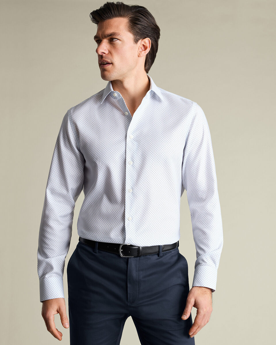 Non-Iron Stretch Print Shirt - White & Light Blue