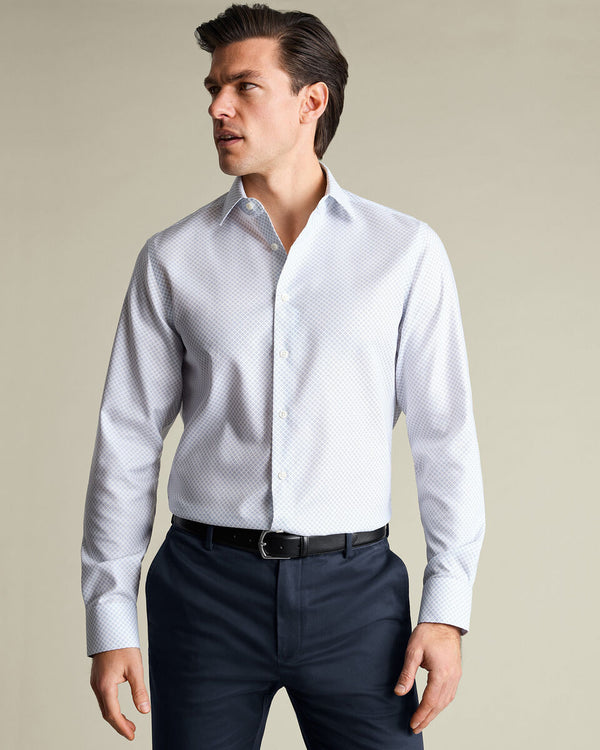 Non-Iron Stretch Print Shirt - White & Light Blue