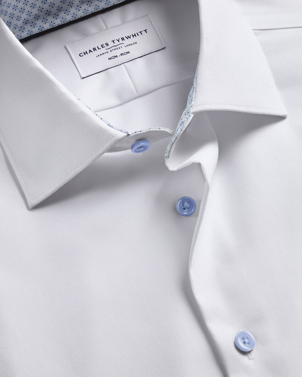 Non-Iron Stretch Printed Trim Shirt - White & Light Blue
