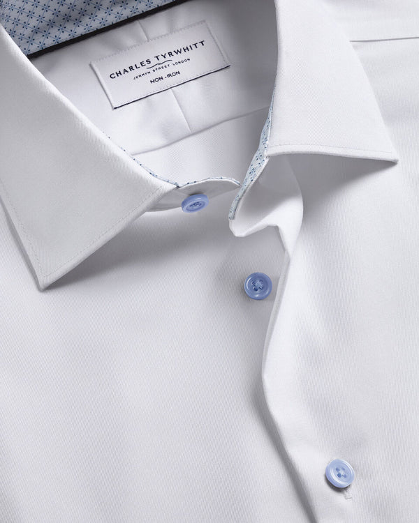 Non-Iron Stretch Printed Trim Shirt - White & Light Blue