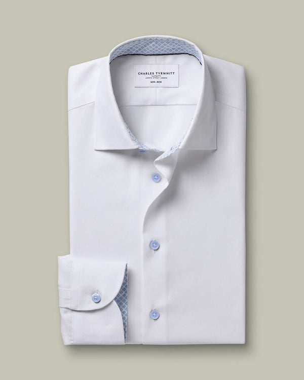 Non-Iron Stretch Printed Trim Shirt - White & Light Blue