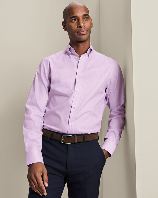 Non-Iron Stretch Pinpoint Oxford Prince of Wales Shirt - Lilac