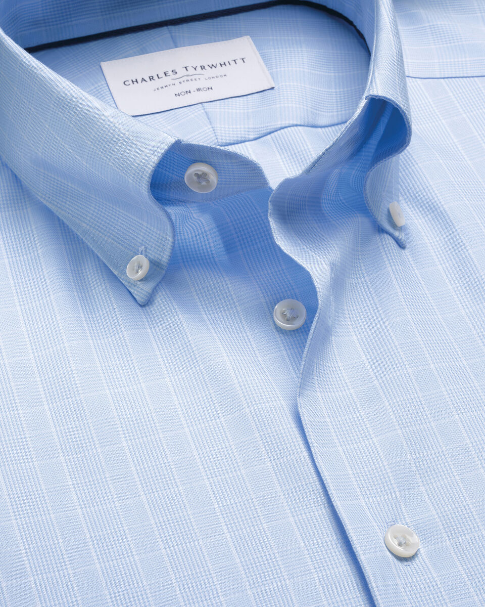Non-Iron Stretch Pinpoint Oxford Prince of Wales Shirt - Mid Blue Main image