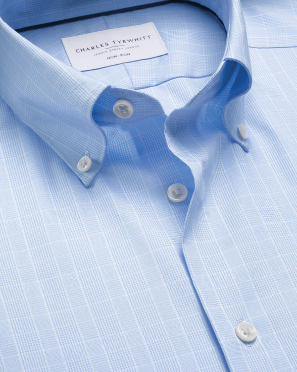 Non-Iron Stretch Pinpoint Oxford Prince of Wales Shirt - Mid Blue