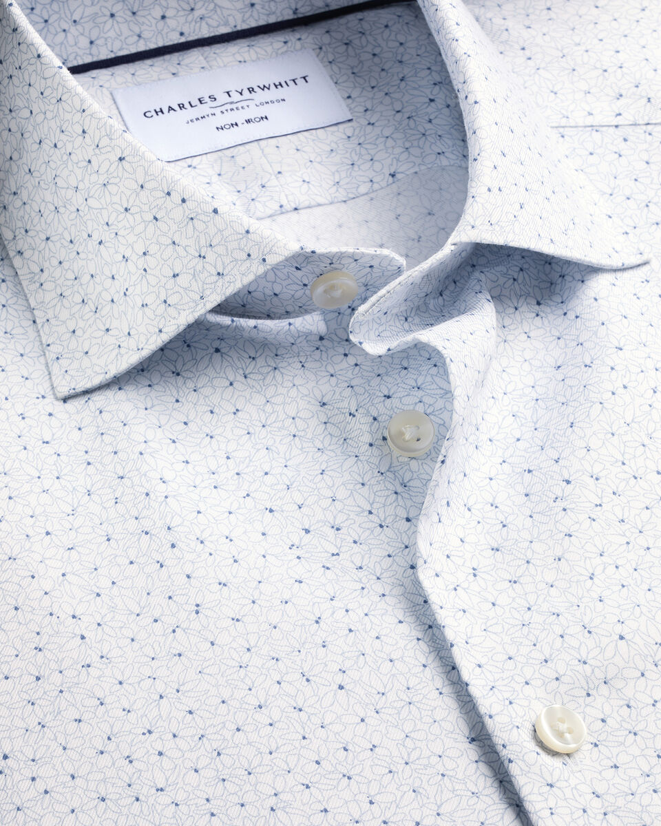 Non-Iron Stretch Print Shirt - White & Blue