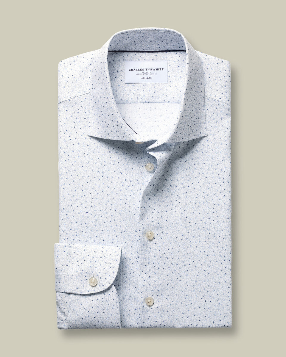 Non-Iron Stretch Print Shirt - White & Blue