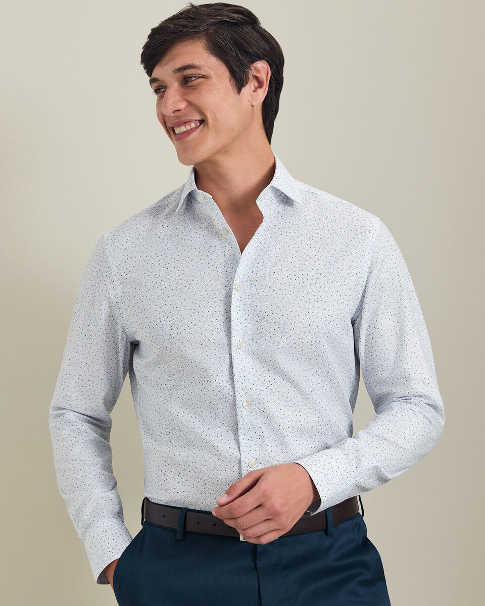 Non-Iron Stretch Print Shirt - White & Blue