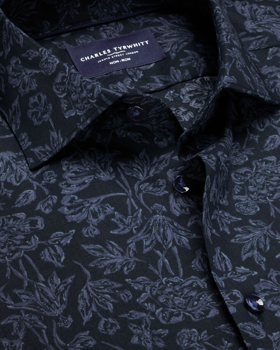 Non-Iron Stretch Floral Print Shirt - Navy Blue