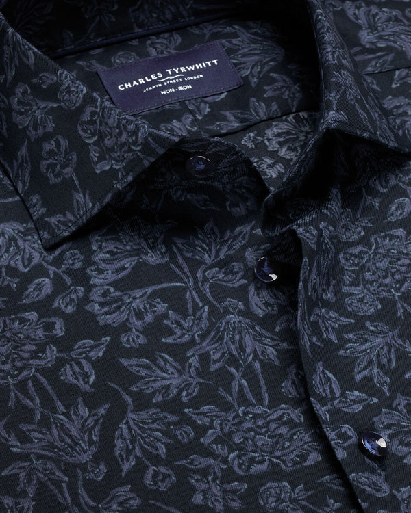 Non-Iron Stretch Floral Print Shirt - Navy Blue