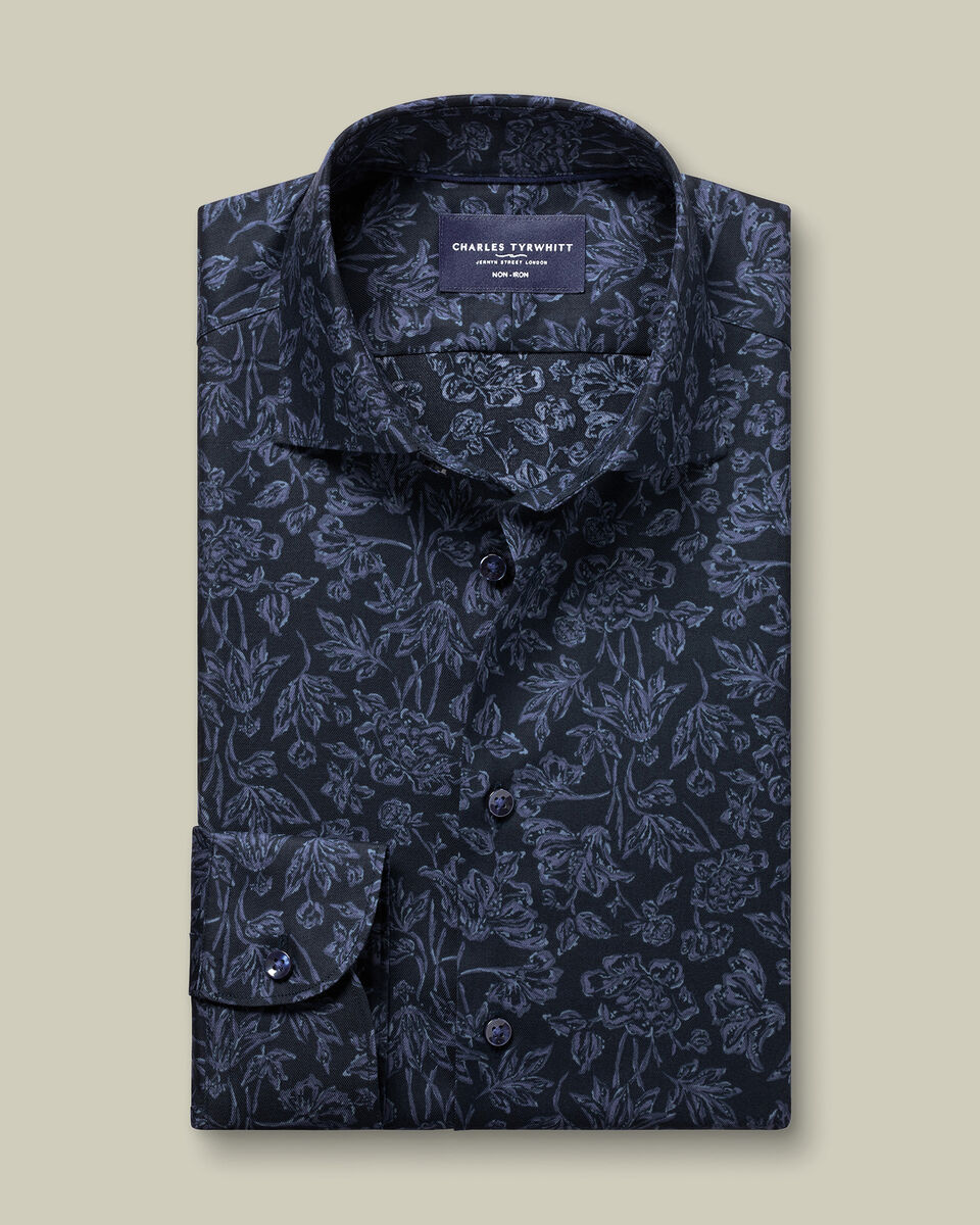 Non-Iron Stretch Floral Print Shirt - Navy Blue