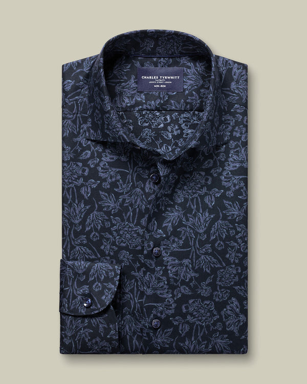 Non-Iron Stretch Floral Print Shirt - Navy Blue