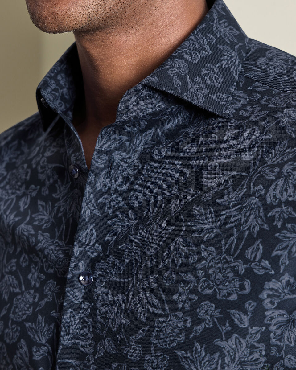 Non-Iron Stretch Floral Print Shirt - Navy Blue