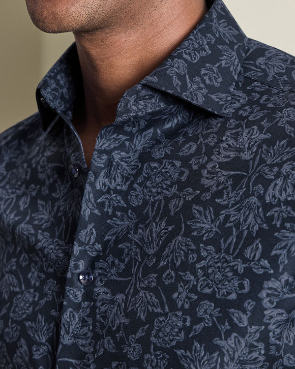 Non-Iron Stretch Floral Print Shirt - Navy Blue