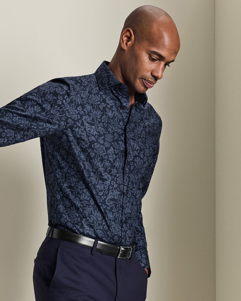 Non-Iron Stretch Floral Print Shirt - Navy Blue Secondary image