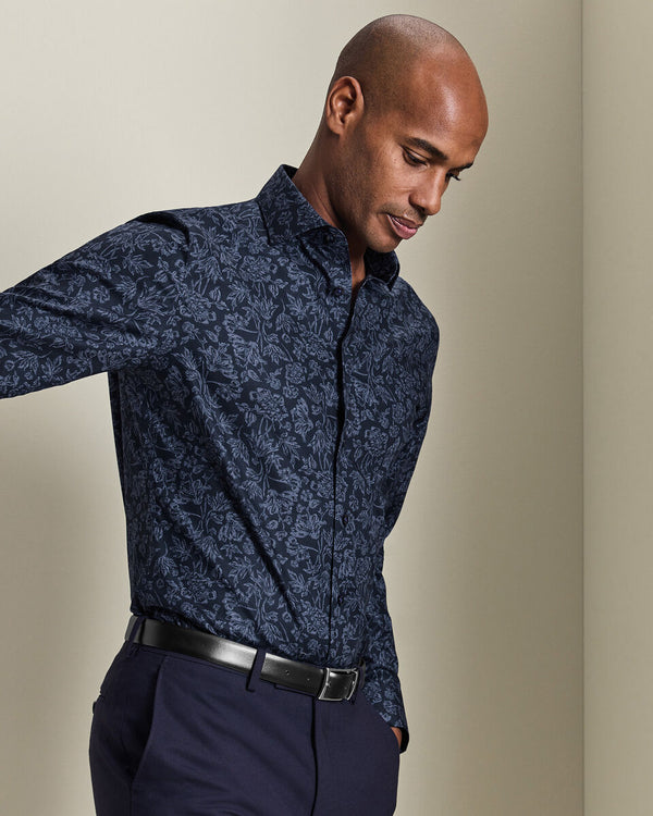Non-Iron Stretch Floral Print Shirt - Navy Blue
