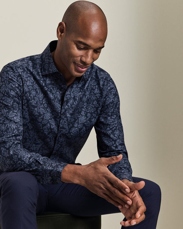 Non-Iron Stretch Floral Print Shirt - Navy Blue